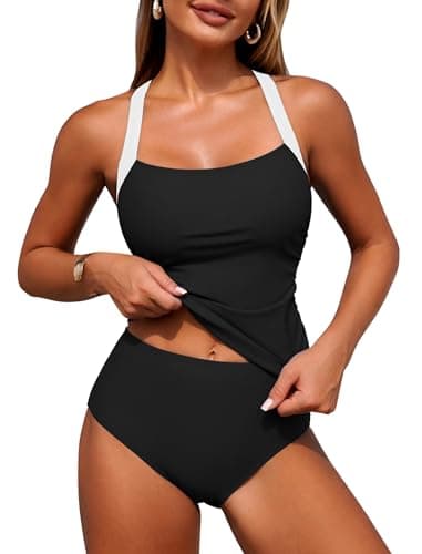 ZAFUL Tankini Swimsuits for Women Bathing Suits Tummy Control Two Piece Tankini Sets Ruched Tankini Tops with Bottom Black White M - Image 1