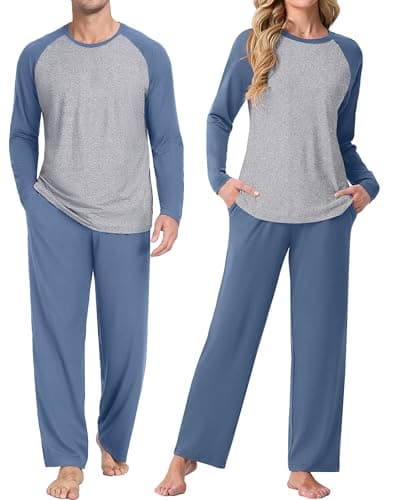 PrinStory Women's Pajama Sets - Soft Comfort Pjs Loose Fit Classic Raglan Sleeve Tops with Pants Sleep Loungewear Set Gray Blue M - Image 1