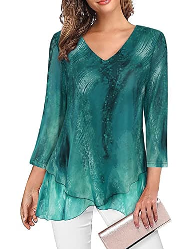 SeSe Code Dressy Tops For Women, Flattering Tops To Hide Tummy Lightweight Fashion Spring 2025 Tunic Ladies 3/4 Sleeve Shirts V Neck Mesh Party Wear Green Medium - Image 1