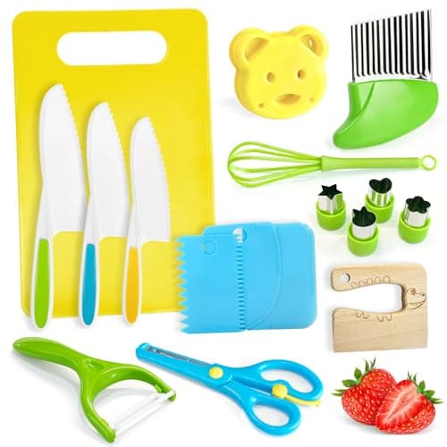 Chanking 17 Pieces Kids Safe Knife Set for Real Cooking Child-Friendly Plastic Chef Tools Montessori Kitchen Toys for Toddlers Birthday Gifts for Boys and Girls Ages 4+ (A) - Image 1