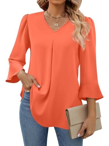 Funlingo Womens Fall Tunic Tops Business Casual V Neck Dressy Chiffon Blouses Work Fashion Ladies Pleated Cute Shirts for Office Camellia 3XL - Image 1