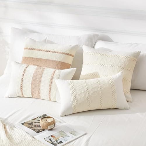 GriNeed Throw Pillow Covers Set of 2 12x20 Inch Boho Pillow Covers, Soft Lumbar Neutral Cotton White Decorative Case for Couch Sofa Bed Living Room, Home Modern Woven Farmhouse Cute Decor - Thumbnail 4