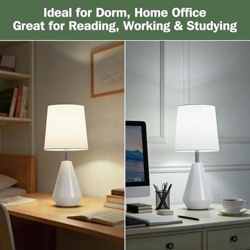 bdayanx Small Bedside Table Lamp for Bedroom - Reading Desk Lamp with 3 Color Temperatures，15.5" Nightstand Ceramic Lamp with Fabric Shade for Kids Room,Living Room,Dorm,Home Office (White) - Thumbnail 3