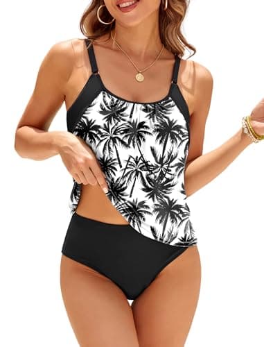 ZAFUL Two Piece Tankini Swimsuit for Women High Waisted Tummy Control Bathing Suit Double Up Tankini Set Palm Tree M - Image 1