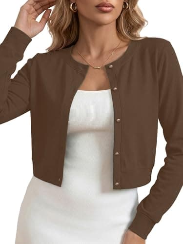 Heymoments Bolero Cardigans for Women Coffee Small Cropped Lightweight Shrug Button Down Long Sleeve Crewneck Casual Ladies Open Front Knit Coat Fall Tops Sweater for Dresses Jean - Image 1
