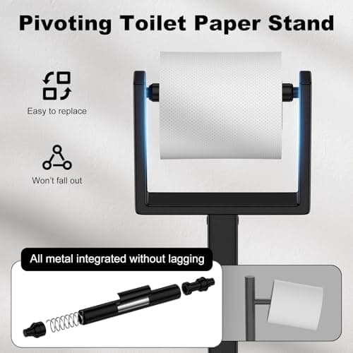 Black Toilet Paper Holder Stand，Stainless Steel Toilet Paper Holder Free Standing，Stable Weighted Base Floor Tissue Roll Holder for Bathroom，Modern Pivoting Toilet Paper Stand - Thumbnail 3
