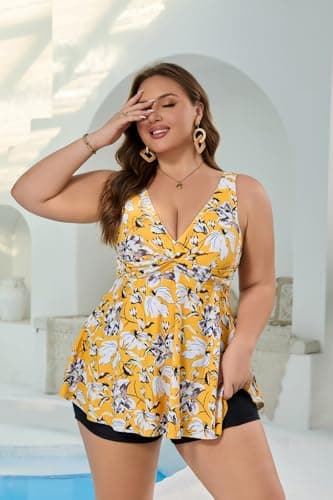 COCOPEAR Plus Size Swimsuit for Women Crossover Swim Dress 2 Piece Swimsuit for Women Tankini Bathing Suits - Thumbnail 3