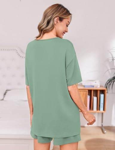 Totatuit Women's Casual 2 Piece Short Sets Oversized Slit Hem T-Shirt and High Waisted Shorts Pajama Set Soft Loungewear for Vacation Sage Green Small - Thumbnail 5