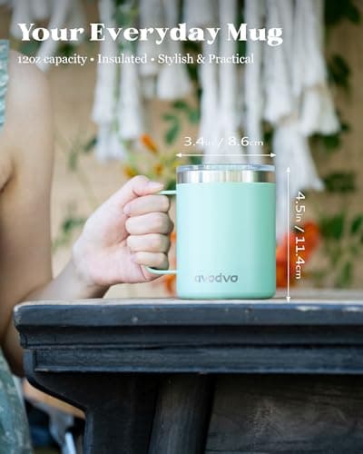 avodvo 12oz Insulated Coffee Mug with Lid – Includes Two Lids, Stainless Steel Coffee Travel Mug with Handle, Double Wall Vacuum Insulated Camping Mug for Home, Office & Outdoor, Mint Green - Thumbnail 4