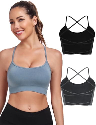 Lusait Sports Bras for Women Medium Support Thin Straps Sexy Criss-Cross Yoga Bra Gym Crop Top for Workout Black+Grey L - Image 1