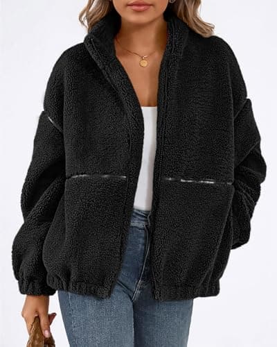 KIRUNDO Sherpa Jacket Women Fleece Oversized Zip Up Winter Coats Fall Jackets Faux Fur Warm Outwear 2026 Fashion Clothing(Black, Small) - Thumbnail 5