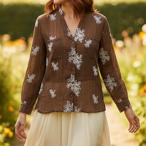Women's Long Sleeve Roll Up V Neck Button Down Embroidered See Through Lightweight Coffee Chocolate Tunic Casual Summer Spring Shirts Boho Cotton Crinkle Gauze Blouse Sheer Floral Shirt Large L - Thumbnail 2