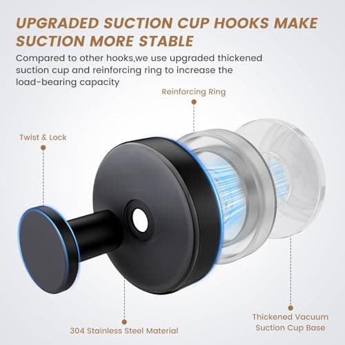 BKV Suction Cup Hooks for Glass Window,Removable Shower Hooks for Inside Shower,Metal Towel Hooks for Bathrooms,4 Pack(Black) - Thumbnail 2