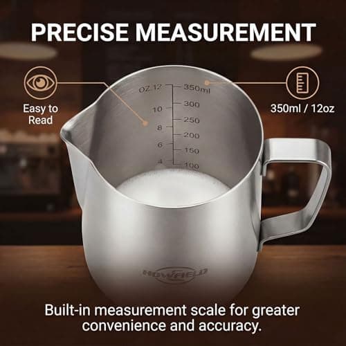 HOWFIELD 12oz Stainless Steel Milk Frothing Pitcher with Precision Spout and Measurement Markings for Espresso and Cappuccino, Silver - Thumbnail 4