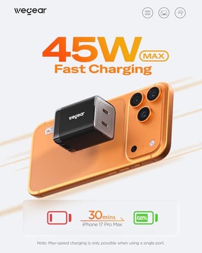 wegear 45W Dual USB-C GaN Fast Charger, Foldable Compact Wall Charger with PD PPS QC4.0 for Galaxy S25/S24, iPhone 17/16/15, iPad, MacBook, Steam Deck (Black) - Thumbnail 2