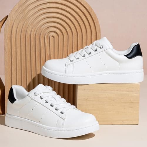Vepose Women's Fashion Casual Sneakers, Laces Trendy Sneakers Low Platform with PU Leather, Black and White, Size 9 US - Comfortable Walking Shoes (CJY8002 White Black 09) - Thumbnail 3