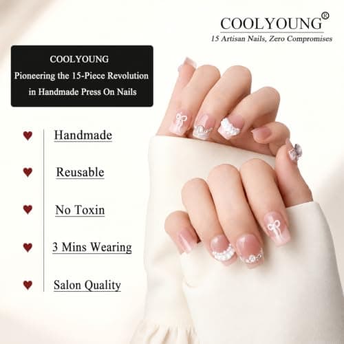 Handmade Nails Press On Nails Pink Short Square Nails Women Gift Ideas 3D Nailphoria Press Ons Nails For Women COOLYOUNG Artificial Nails, 15 PCS, Size L - Thumbnail 3