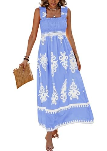 PRETTYGARDEN Womens Summer Boho Maxi Dress 2026 Casual Sleeveless Square Neck Floral Aline Smocked Beach Dresses with Pockets (Floral Sky Blue White,Medium) - Image 1