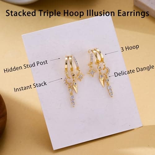 Gold Dangle Earrings for Women, 14k Gold Plated Statement Triple Hoop Illusion Gold Earrings Cubic Zirconia Star and Moon Huggie Earrings for Women Trendy - Thumbnail 6
