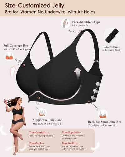 As Fairy Bras for Women Wireless Wirefree Jelly No Underwire Full Coverage Seamless Comfortable Breathable Bra(Pure Black 36DD) - Thumbnail 2
