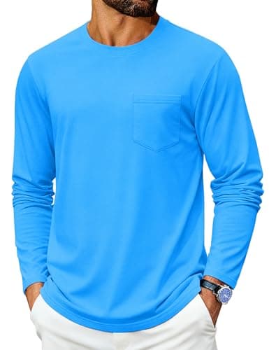 Cotrasen Long Sleeve Shirts for Men Cotton Crew Neck Pocket T Shirts for Men Breathable Moisture Wicking Tee Shirts Azure XL - Image 1