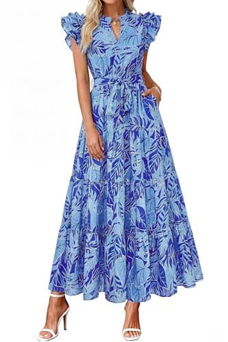 dowerme Women Summer Maxi Dresses 2026 Ruffle Sleeve V Neck Floral Boho Long Dress Belted Tiered Sundress with Pockets(Blue Blue Flower,X-Large) - Image 1
