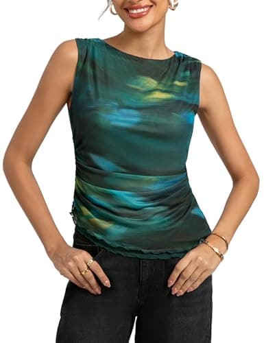 Kate Kasin Women Green Floral Mesh Ruched Tank Top, Summer Y2k Going Out Tops, Casual Beach Vacation Travel Concert Outfits - Image 1