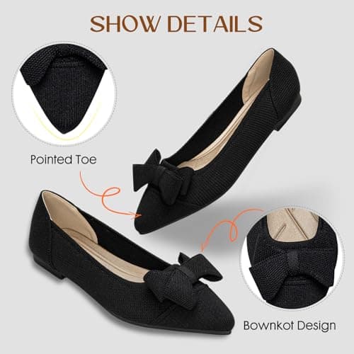 AHZEHRSE Women's Flats Shoes Ballet Flats Shoes for Women Dressy Work Slip On Comfortable Flats Classic Knit Pointed Toe Flats with Bow Black - Thumbnail 4