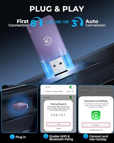 AuroraLink Wireless Carplay & Android Auto Wireless Adapter 2-in-1 Fast & Stable Carplay Wireless Adapter Convert Wired to Wireless Car Play Dongle for iOS 10+/Android 11+ (Purple) - Thumbnail 2