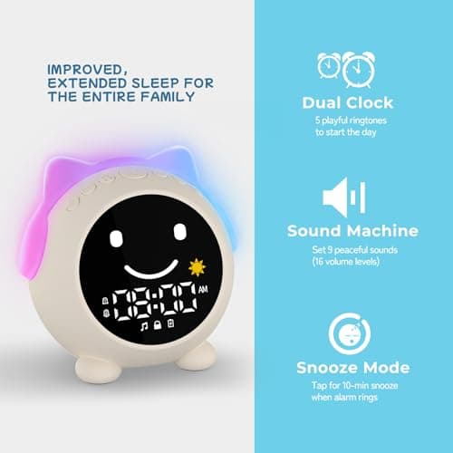 JAHUYU Kids Alarm Clock with Sleep Training, LED Night Light, Bluetooth Music, Multi-Color Display, Sound Machine, OK to Wake Light for Toddlers and Children - Thumbnail 4