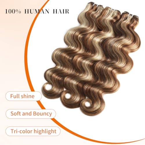 Highlight Bundles Human Hair Body Wave Virgin Hair Extensions With Brown/Blonde 3 Tones Highlights 3 Bundles/Pack 16 18 20 Inch 100g/Bundle - Thumbnail 2
