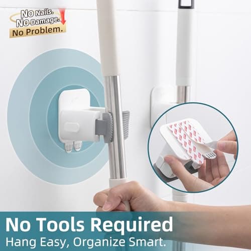TAILI Mop and Broom Holder Wall Mount Grippers, 2 Hangers and 6 Adhesive Strips, Damage Free Hanging Wall Mount, Household Cleaning Organizer for Organization and Storage, Holds up to 4 lbs, Grey - Thumbnail 2