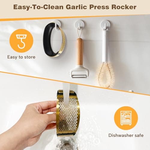 Cook Guy 304 Stainless Steel Garlic Press Rocker Set - Premium Garlic Mincer, Crusher, Peeler, and Scraper Tool for Effortless Mincing - Comfortable Grip Garlic Grinder (Gold) - Thumbnail 6