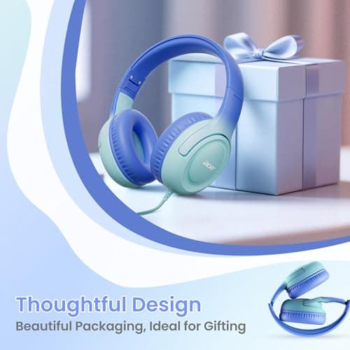 acer Kids Headphones - 85/94dB Volume Limiter, Foldable Wired Over Ear Headphones for Travel, 3.5mm Jack, Toddler Headphones for School, Travel, iPad, Tablet, Blue Gradient, HK03 - Thumbnail 6