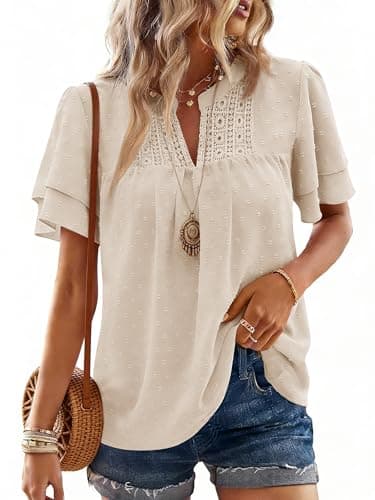 Bellcoco Womens Summer Boho Tops V Neck Ruffle Short Sleeve Blouses Dressy Casual Lace Edges Swiss Dot Flowy Shirts(Apricot,Small) - Image 1