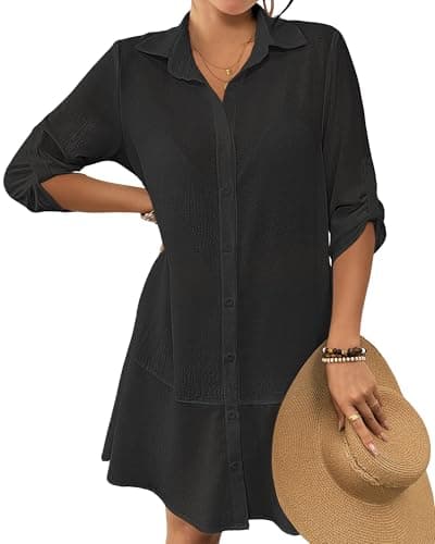 Bsubseach Swimsuit Coverup for Women Button Down Bathing Suit Cover Up Ruffle Hem Summer Beach Shirt Dresses with Pocket Black XXL - Image 1