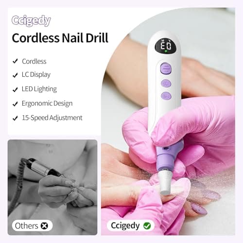 Ccigedy Electric Nail Drill, Professional Cordless Nail File Sander with LCD & Lamp, Rechargeable Toenail Grinder for Women, Manicure Pedicure Kit for Thick Toenails Acrylic Gel Dip Powder Nails - Thumbnail 5