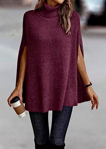KIRUNDO Women's 2026 Fall Winter Turtleneck Poncho Sweater Fashion Chunky Knit Cape Wrap Sweaters Pullover Jumper Tops(Dark Purple Red, Medium) - Thumbnail 2