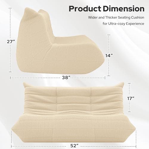 HABUTWAY Bean Bag Chairs Fireside Lazy Floor Sofa, Soft Teddy Fleece 2 Seater Sofa with High-Resilience Foam Filling，Beanbag for Living Room, Bedroom, Office (Khaki Teddy) - Thumbnail 2