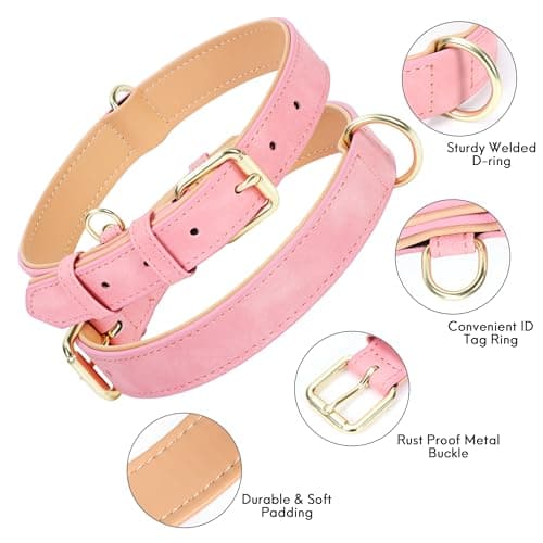 Jumpress Leather Dog Collar for Large Dogs, Soft Padded Dog Leather Collar with Heavy Duty Gold Buckle, Durable & Comfortable, Pink, L - Thumbnail 2