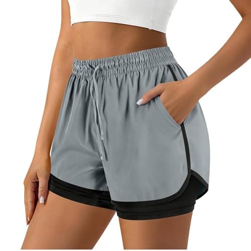 Drindf 2 in 1 Running Shorts for Women, 3 Inch Inseam High Waisted Drawstring Womens Short Shorts with Pockets, Breathable and Quick Dry for Workout,Gym,Running,Athletic,Gray S