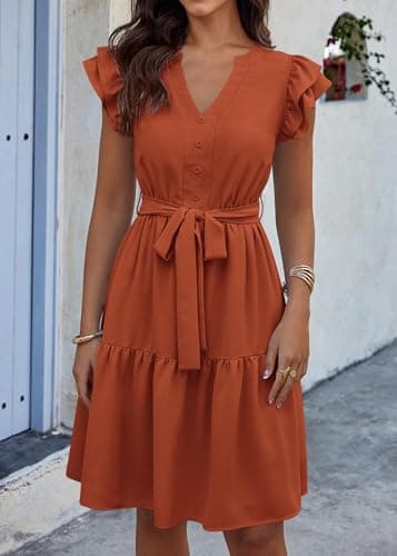 KIRUNDO Summer Dresses for Women 2026 Spring Flutter Sleeve V Neck Ruffle Flowy Tiered Knee Length Beach Vacation Sundress(Brick Red, X-Large) - Thumbnail 5