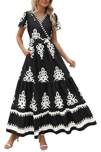 PRETTYGARDEN Womens 2026 Summer Casual V Neck Boho Maxi Dress Flowy Aline Bell Sleeve Tiered Floral Dresses with Pocket (Floral Black White,XX-Large) - Image 1