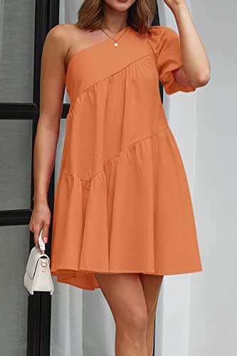 KIRUNDO Summer One Shoulder Mini Baby Doll Dresses Women 2026 Casual Puff Sleeve Loose Tiered A Line Flowy Short Dress(Orange, Medium) - Thumbnail 2