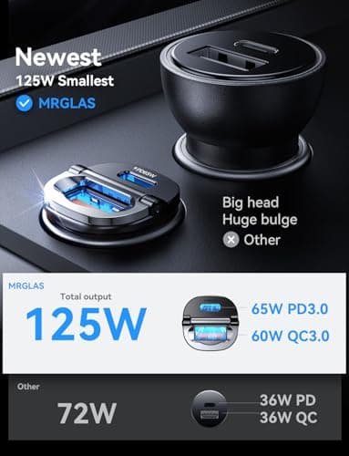 【Upgraded】 125W Car Charger USB C Super Fast Charging, [PD65W & QC60W][All Metal] MRGLAS Cigarette Lighter Car Charger, RV Car Electronics Accessories for iPhone 17 Pro Max iPad Samsung S25 Pixel 10 - Thumbnail 2