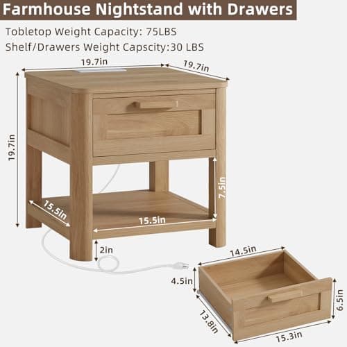 Joaxswe Farmhouse Night Stand Set of 2 with Charging Station, Natural - Thumbnail 3
