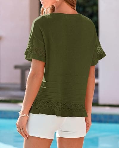 KIRUNDO Short Sleeve Sweater for Women 2026 Spring Summer Tops Crochet Round Neck Ruffled Hem Knit Pullover Casual Blouse(Army Green, XX-Large) - Thumbnail 2