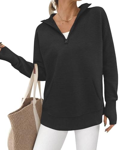 BTFBM Sweaters for Women Fall Clothes 2026 Pocket Quarter Zip Pullover V Neck Long Sleeve Knit Trendy Winter Sweater(Black, Large) - Image 1