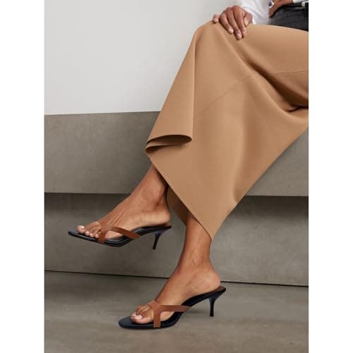 QIV Brown Kitten Heels for Women Single Strap Low Heel Open Toe Mule Shoes Non Slip Sandals Size 6.5 - Thumbnail 2