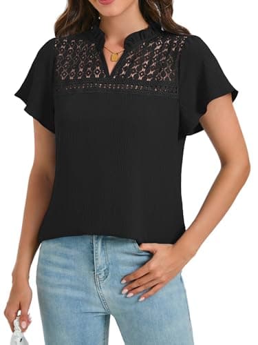 Funlingo Womens Tops Dressy Casual Summer Ruffle Short Sleeve V Neck Blouses Flowy Eyelet Lace Tunic Work Shirts Spring Outfits Black 2XL - Image 1